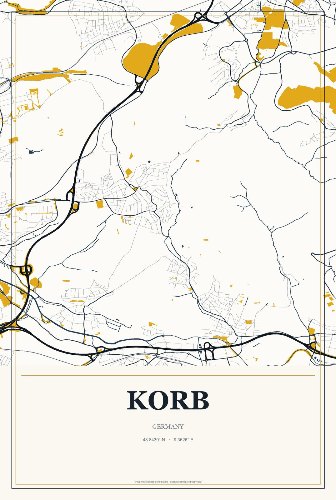 Korb, Germany City Map Aluminum Sign in Citrine Modern style