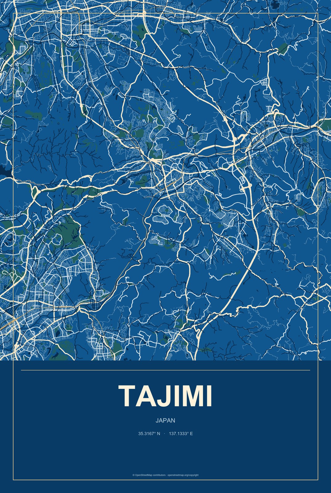 Tajimi, Japan City Map Aluminum Sign in Harbor Cobalt style