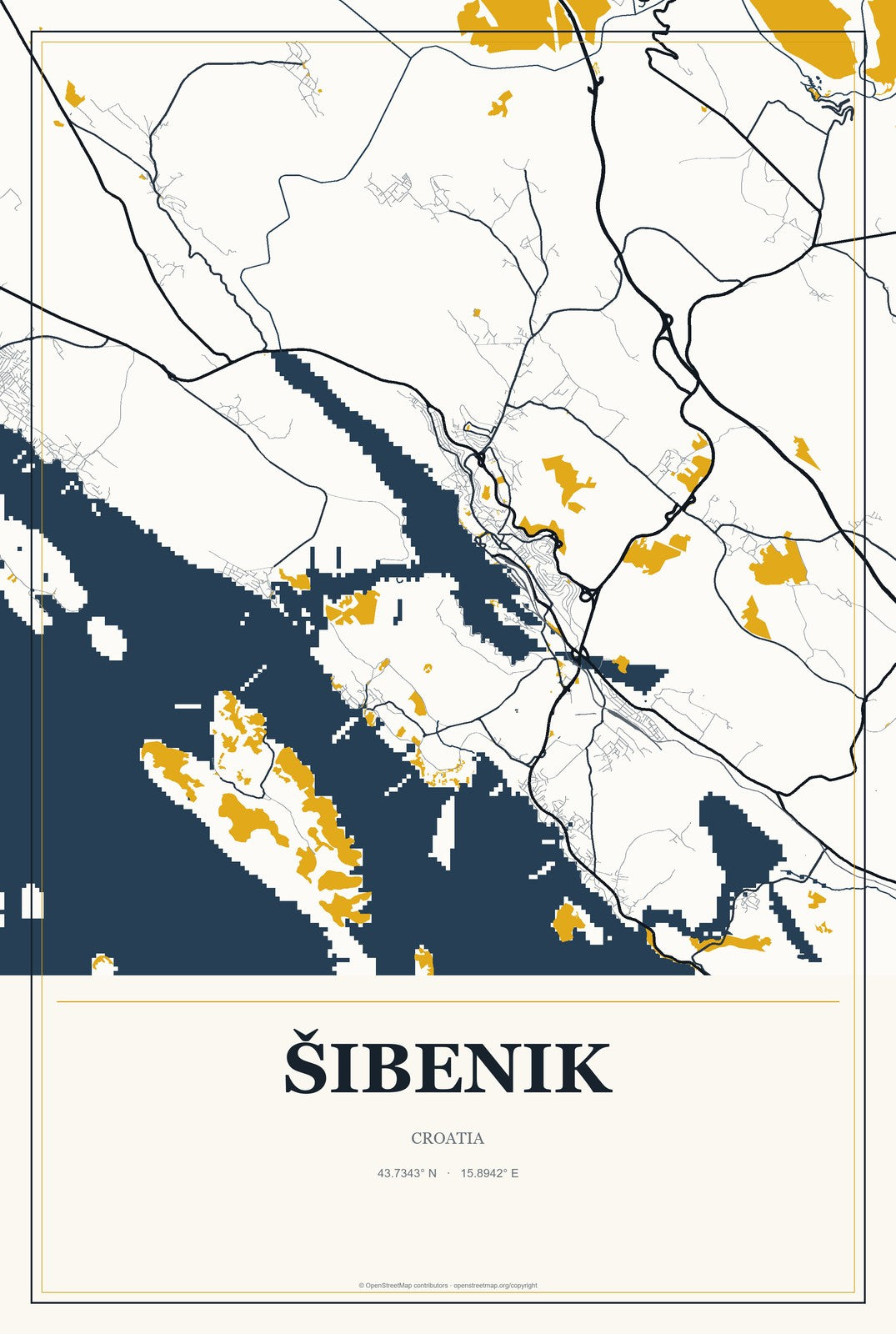 Šibenik, Croatia City Map Aluminum Sign in Citrine Modern style