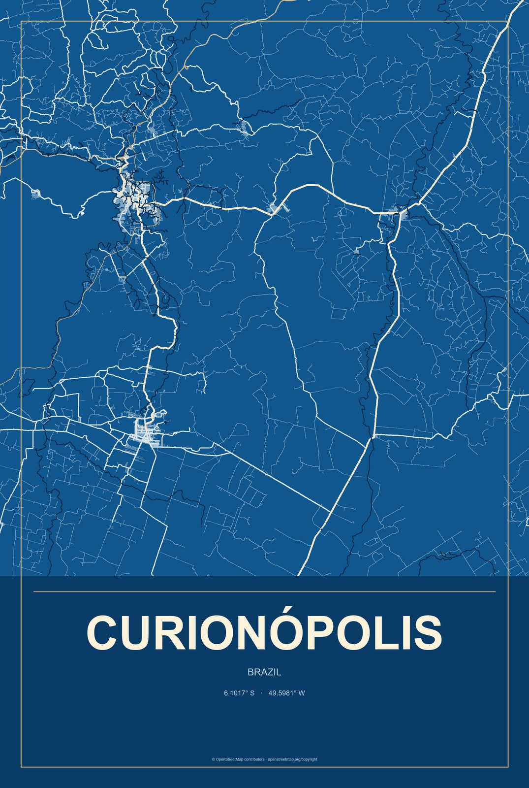 Curionópolis, Brazil City Map Aluminum Sign in Harbor Cobalt style