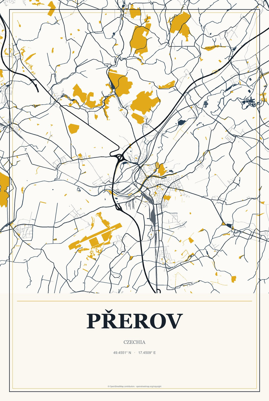 Přerov, Czechia City Map Aluminum Sign in Citrine Modern style
