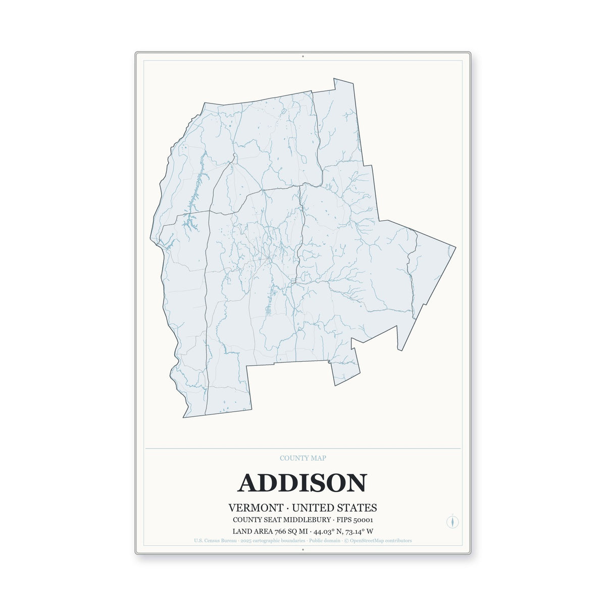 Addison County, Vermont Map Aluminum Sign in Gallery Air style