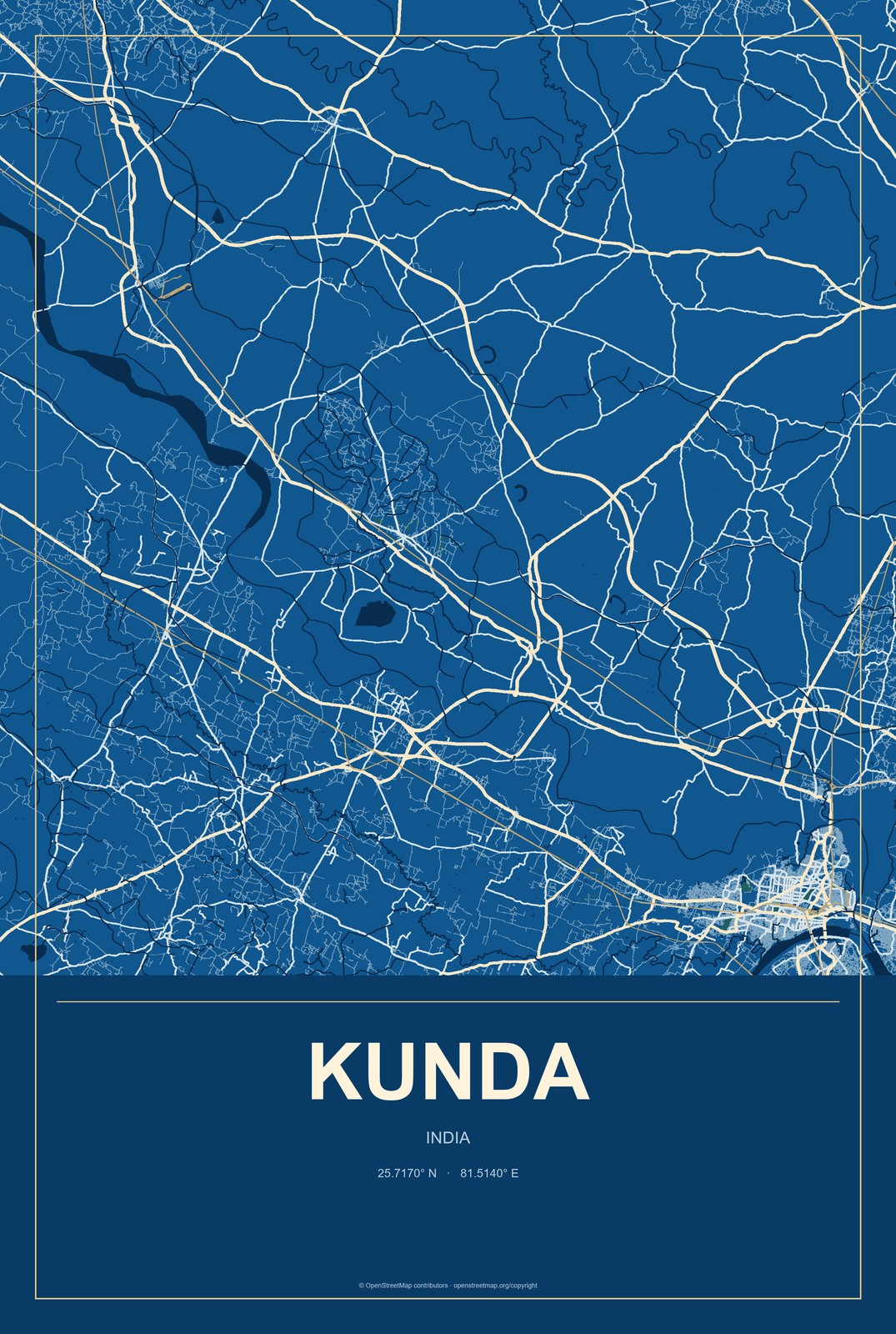 Kunda, India City Map Aluminum Sign in Harbor Cobalt style