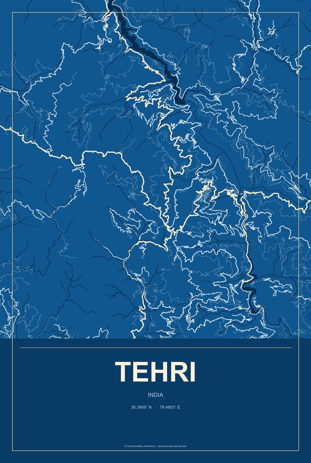 Tehri, India City Map Aluminum Sign in Harbor Cobalt style