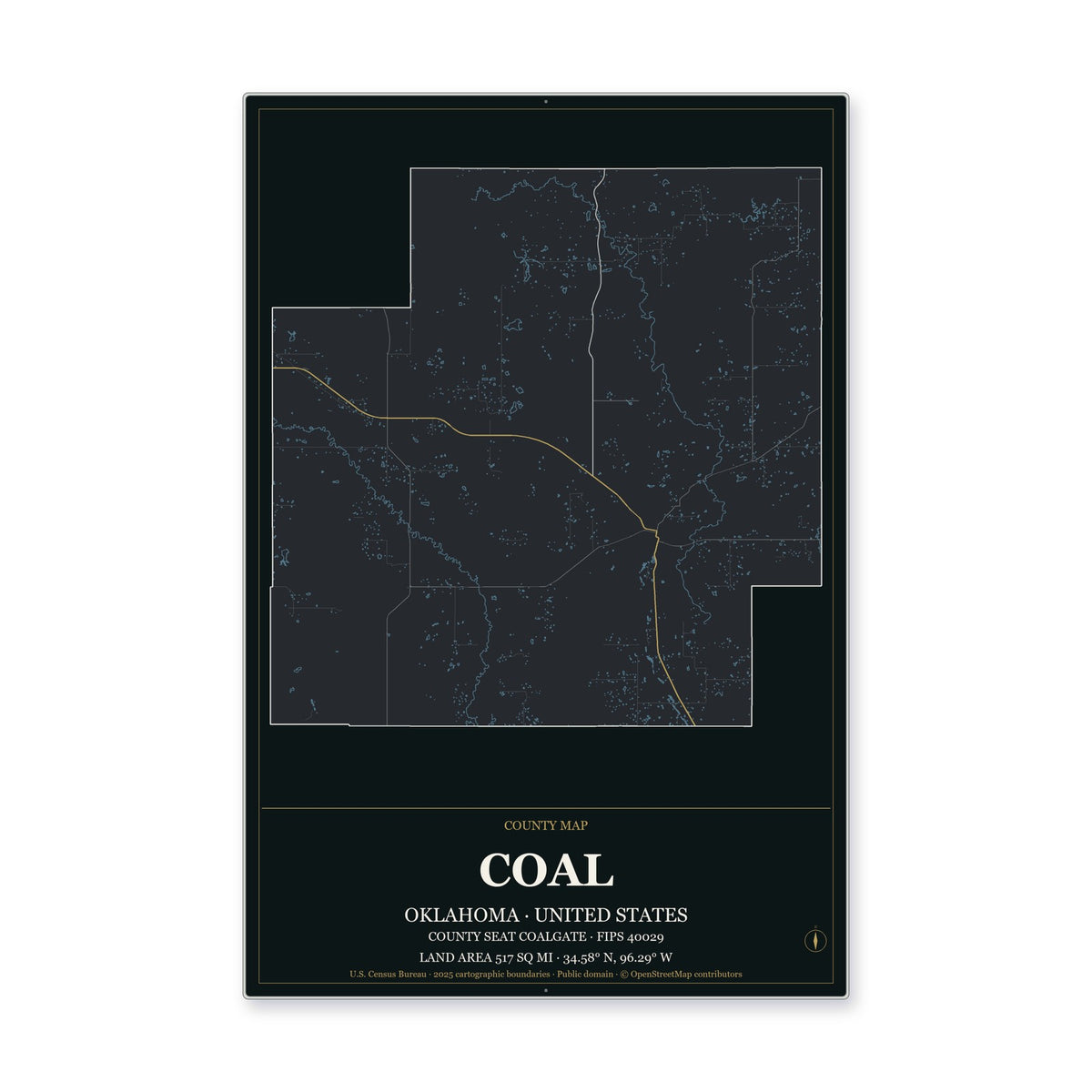 Coal County, Oklahoma Map Aluminum Sign in Metropolitan Noir style