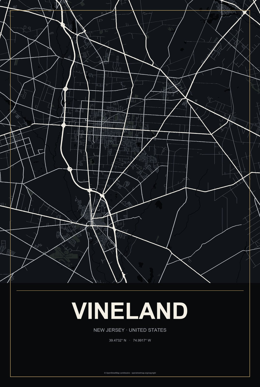 Vineland, New Jersey City Map Aluminum Sign in Metropolitan Noir style