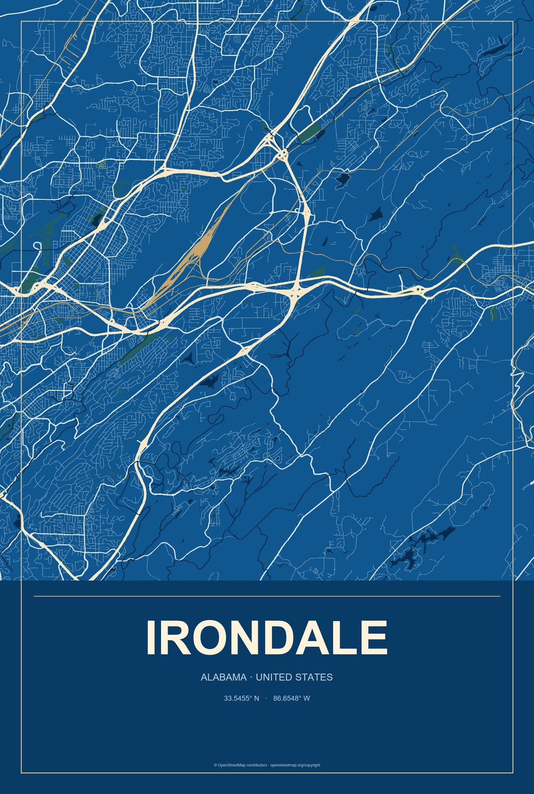 Irondale, Alabama City Map Aluminum Sign in Harbor Cobalt style