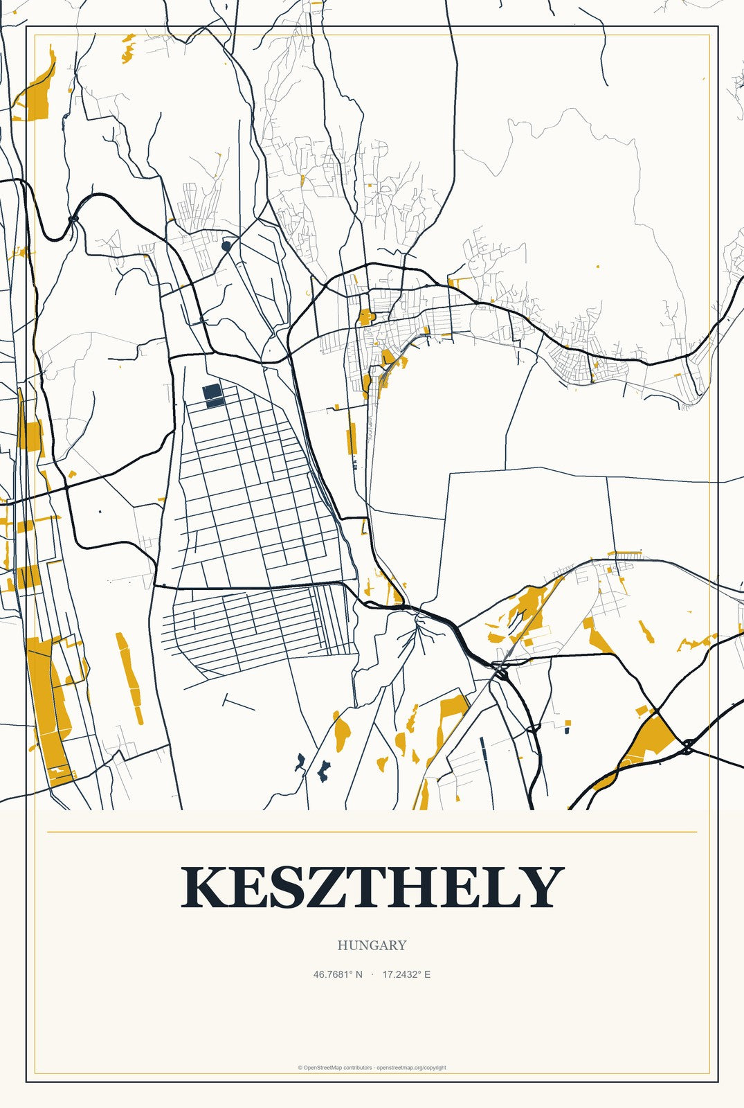 Keszthely, Hungary City Map Aluminum Sign in Citrine Modern style