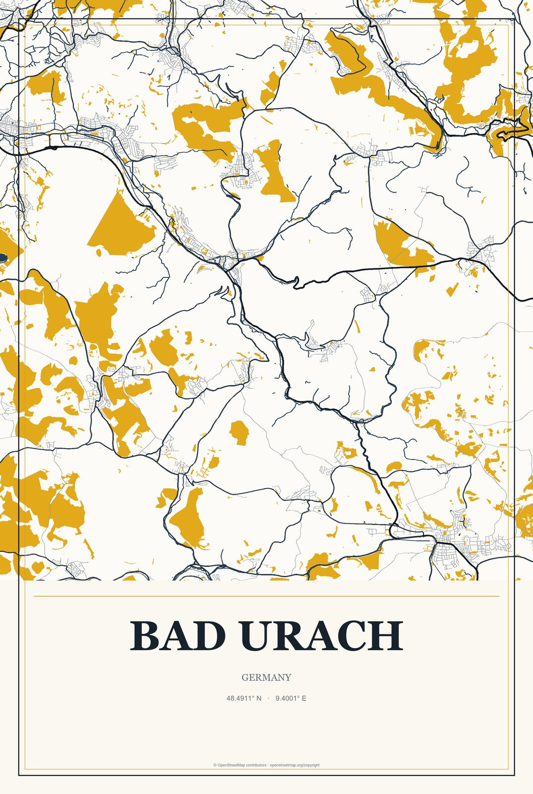 Bad Urach, Germany City Map Aluminum Sign in Citrine Modern style