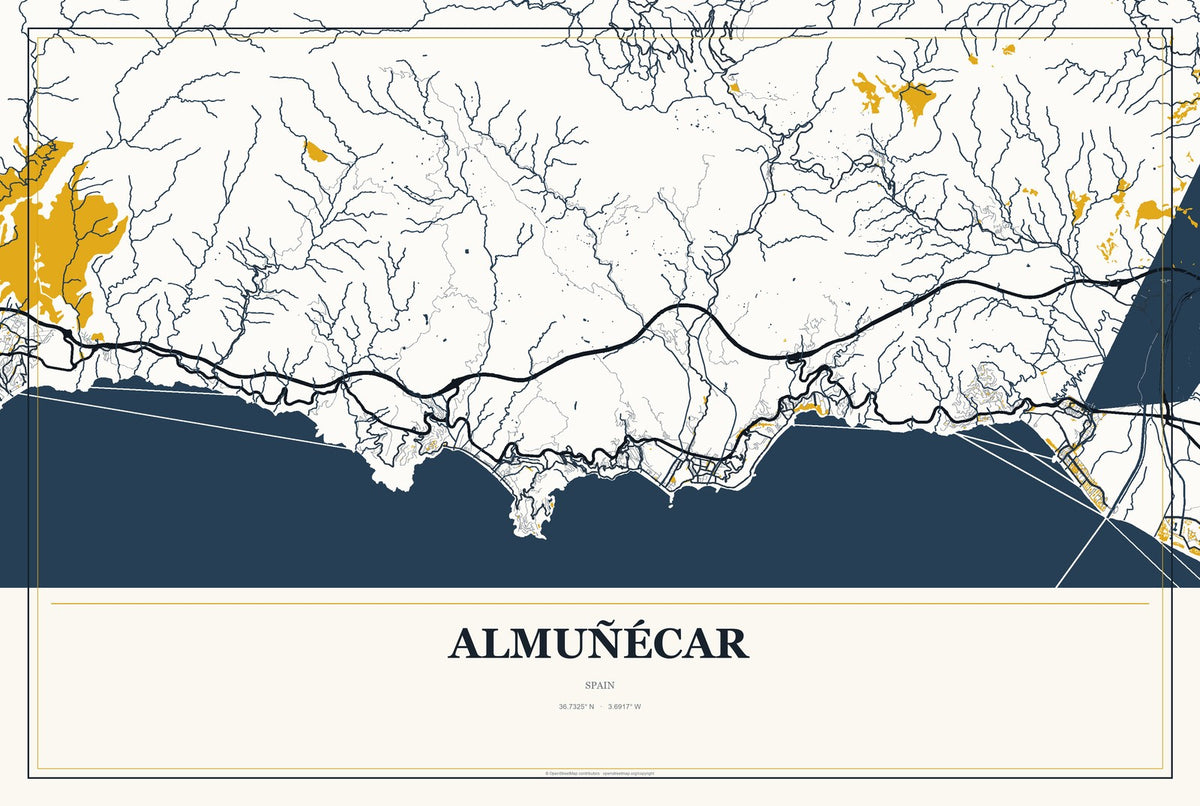Almuñécar, Spain City Map Aluminum Sign in Citrine Modern style