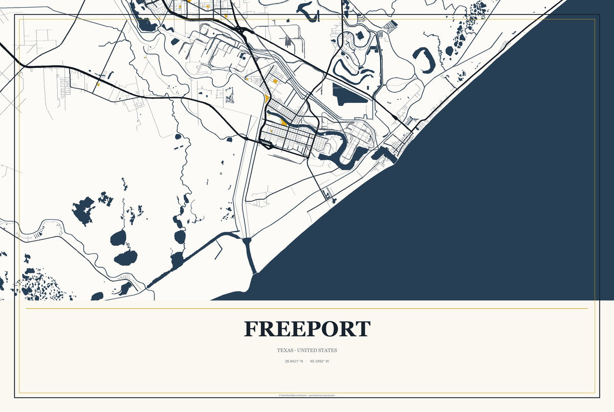 Freeport, Texas City Map Aluminum Sign in Citrine Modern style