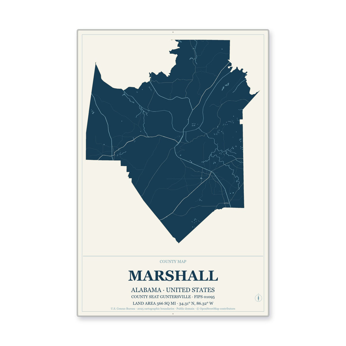 Marshall County, Alabama Map Aluminum Sign in Coastal Cutout style