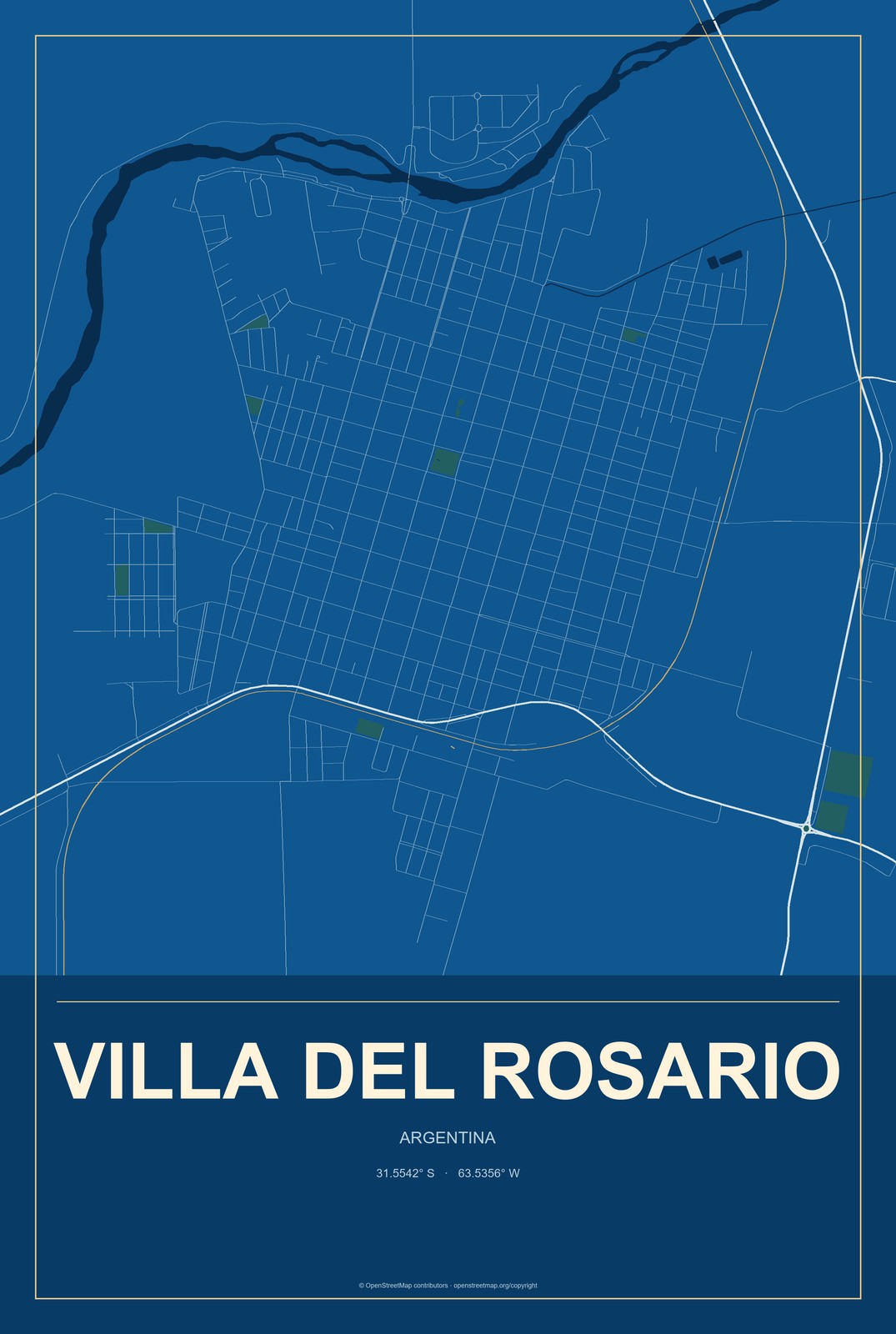 Villa del Rosario, Argentina City Map Aluminum Sign in Harbor Cobalt style