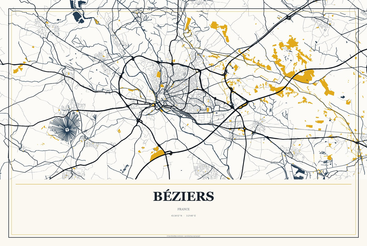 Béziers, France City Map Aluminum Sign in Citrine Modern style