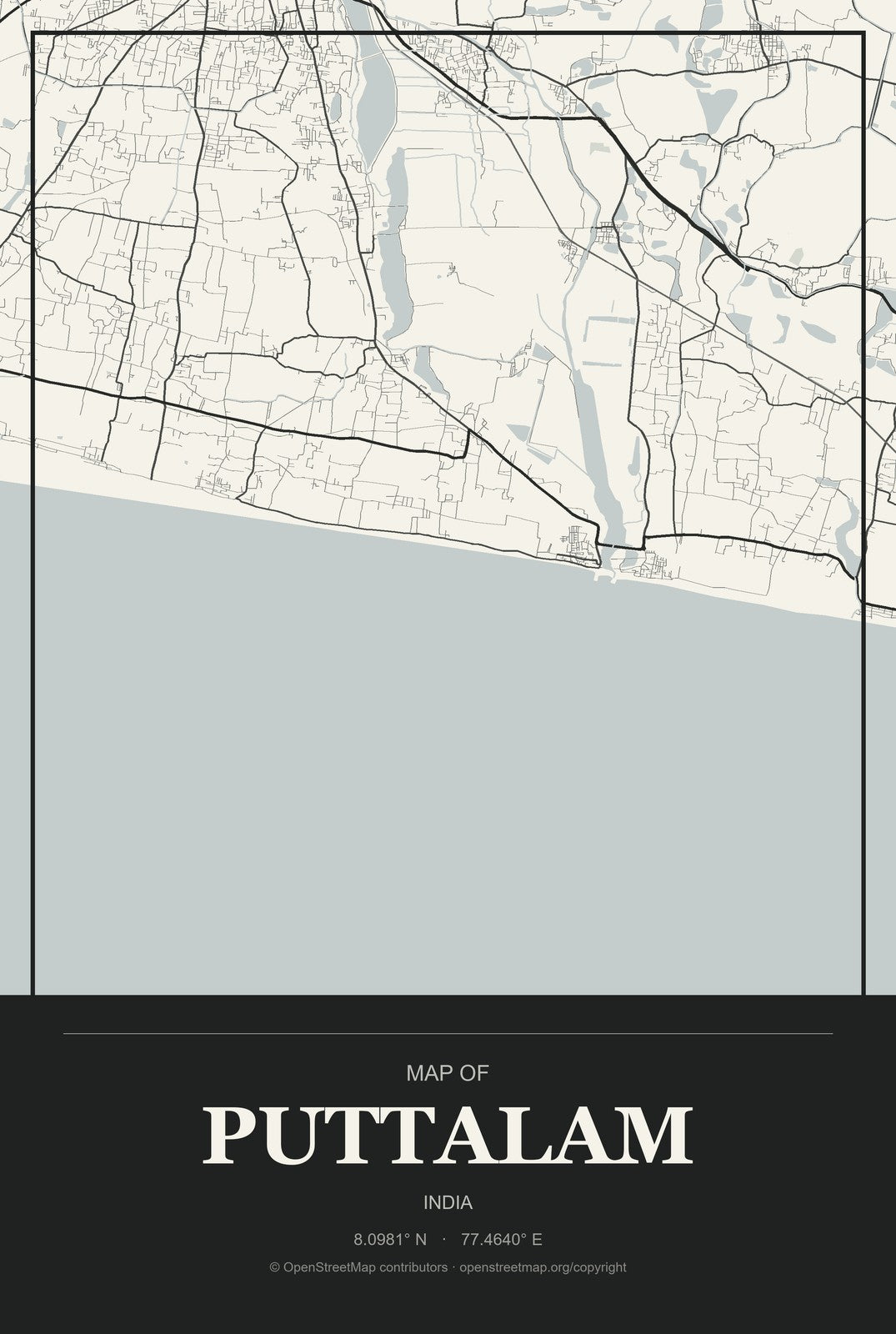 Puttalam, India City Map Aluminum Sign in Museum Plaque style