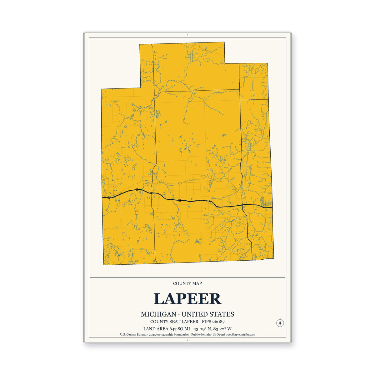 Lapeer County, Michigan Map Aluminum Sign in Citrine Modern style