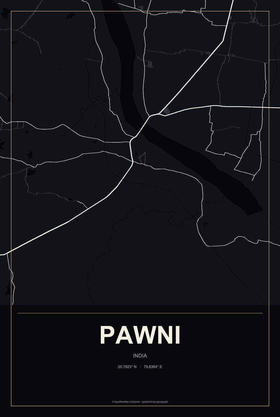 Pawni, India City Map Aluminum Sign in Metropolitan Noir style