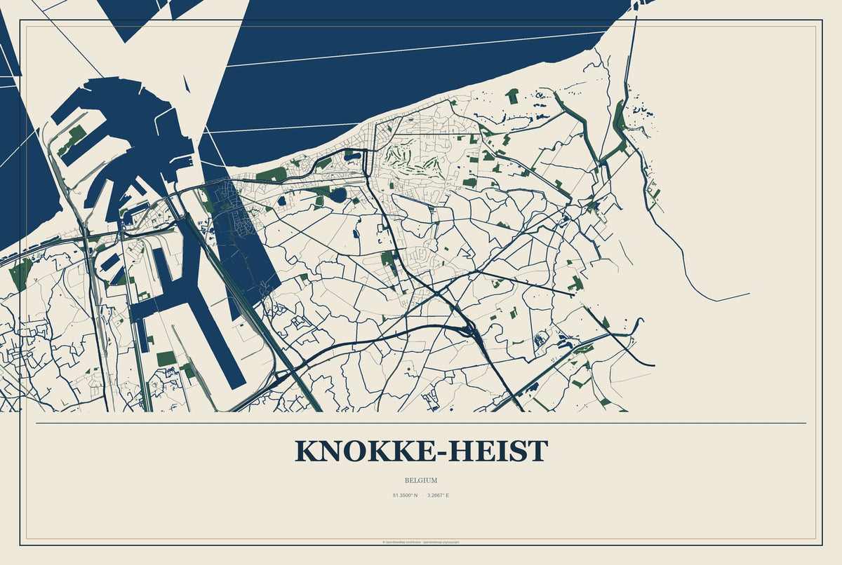 Knokke-Heist, Belgium City Map Aluminum Sign in Coastal Cutout style