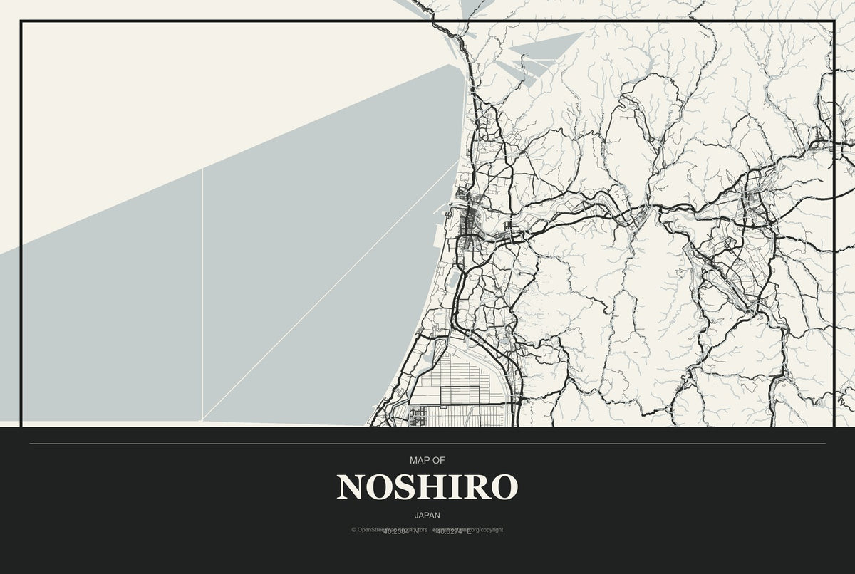Noshiro, Japan City Map Aluminum Sign in Museum Plaque style