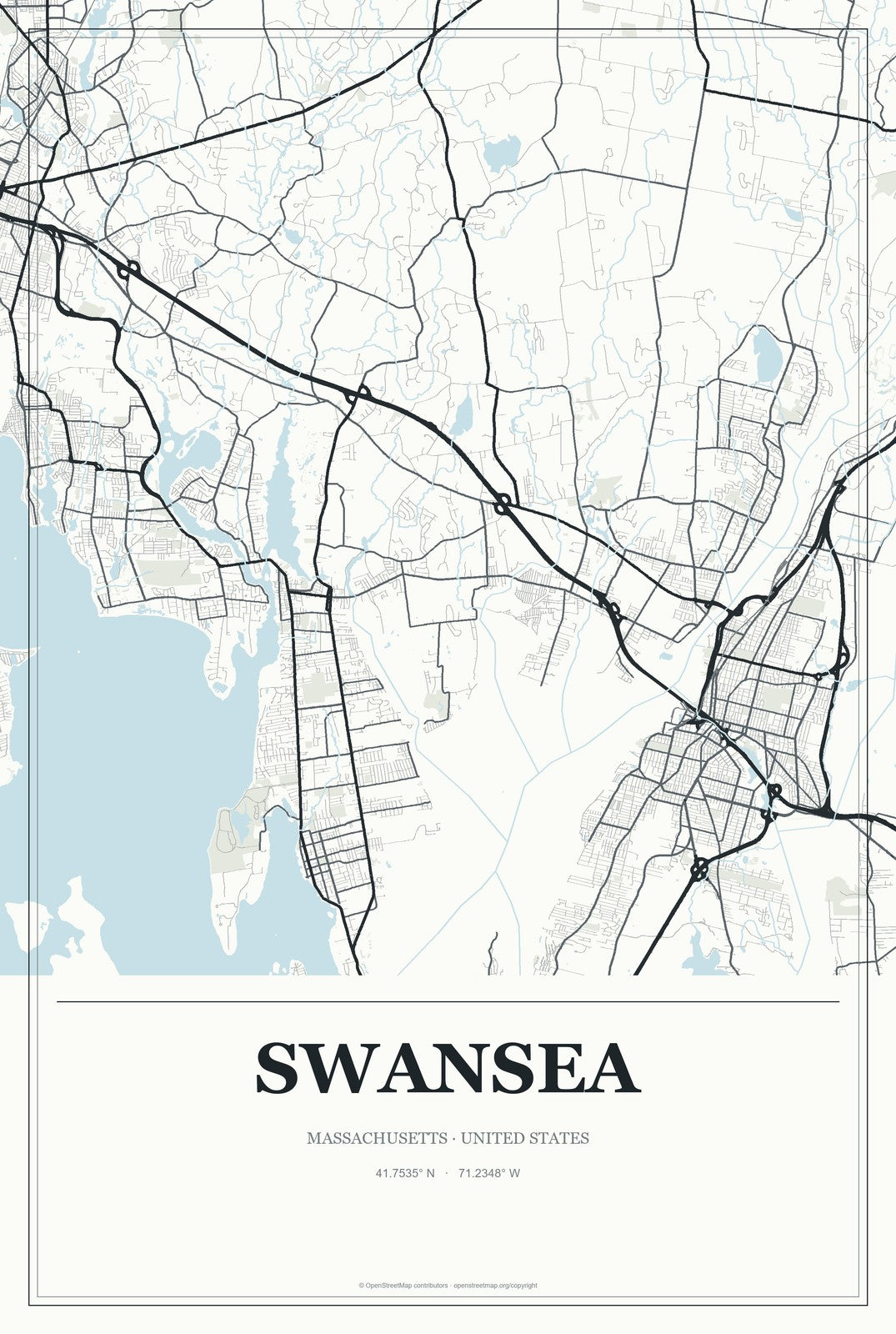 Swansea, Massachusetts City Map Aluminum Sign in Gallery Air style
