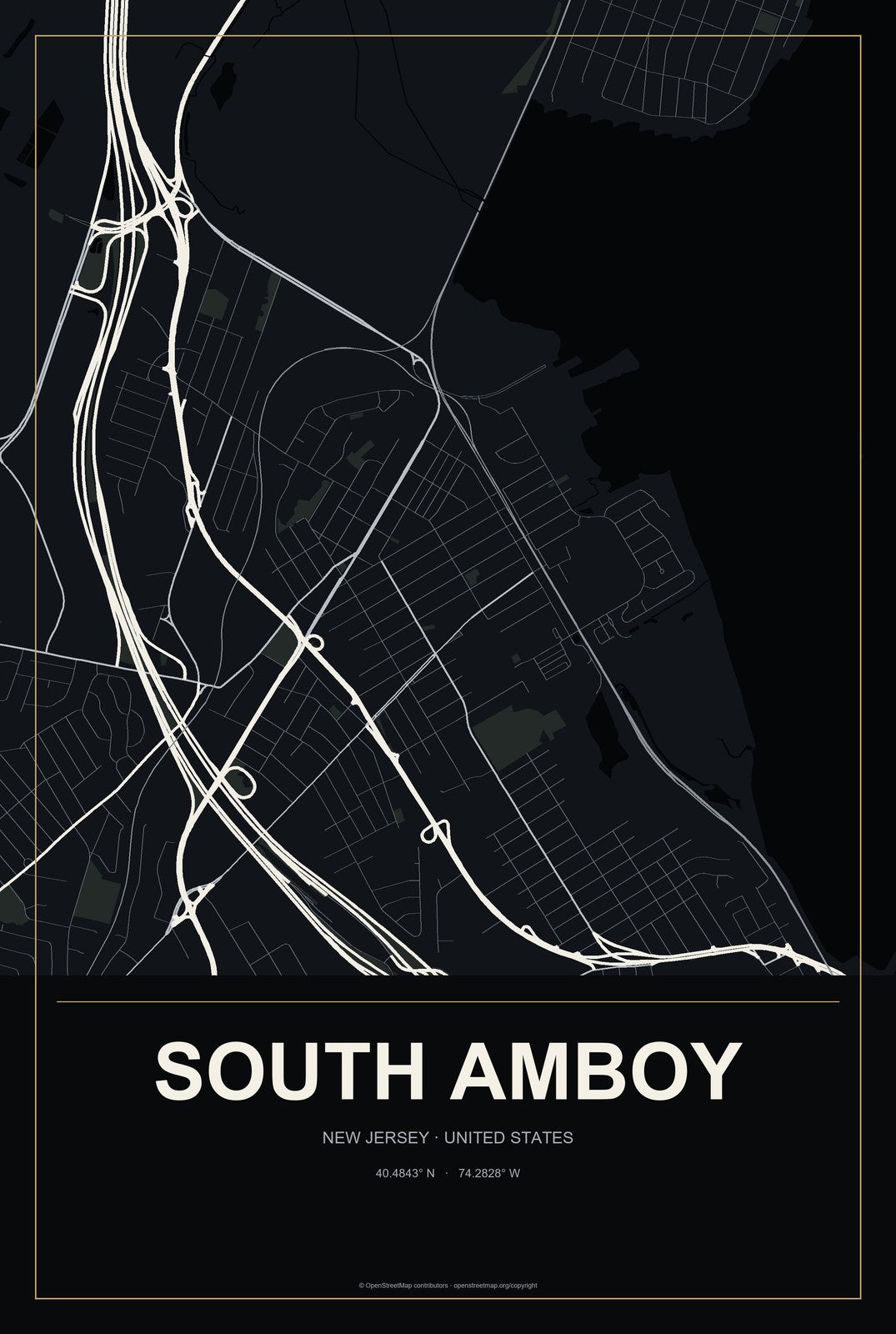 South Amboy, New Jersey City Map Aluminum Sign in Metropolitan Noir style