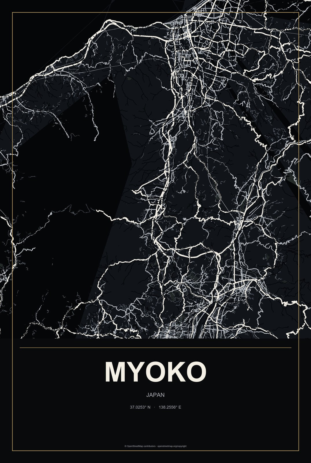 Myoko, Japan City Map Aluminum Sign in Metropolitan Noir style