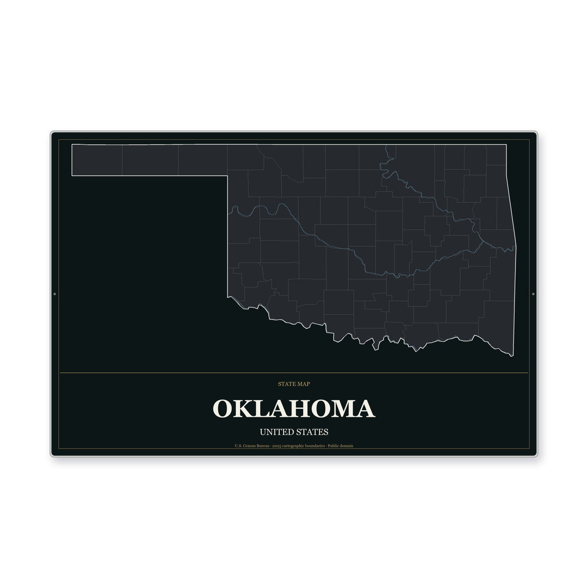 Oklahoma state map aluminum sign in Metropolitan Noir style