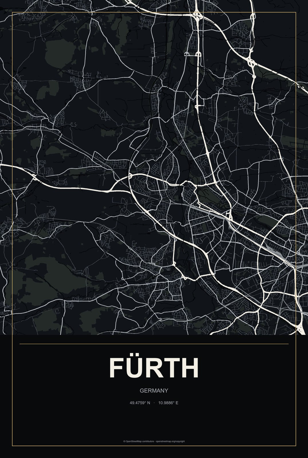 Fürth, Bavaria, Germany City Map Aluminum Sign in Metropolitan Noir style