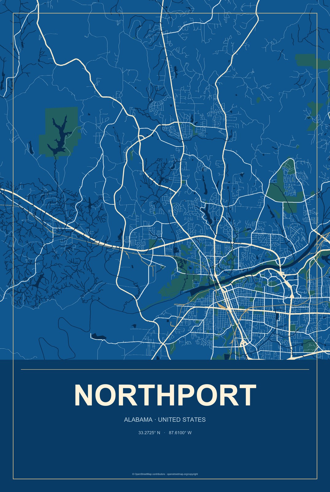 Northport, Alabama City Map Aluminum Sign in Harbor Cobalt style