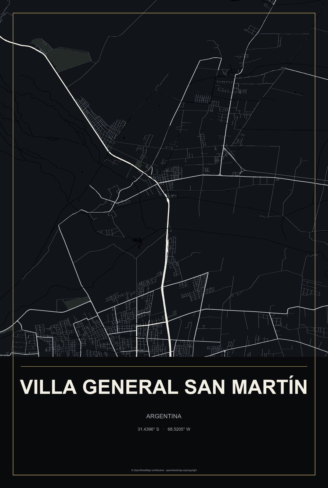 Villa General San Martín, Argentina City Map Aluminum Sign in Metropolitan Noir style