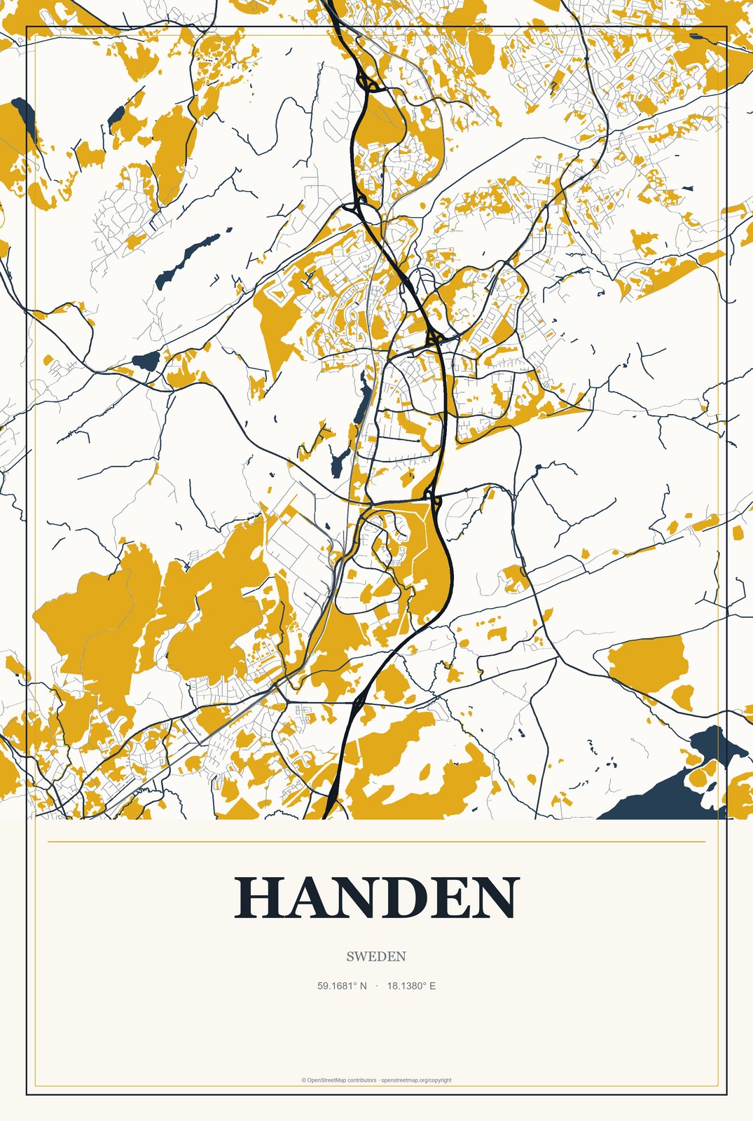 Handen, Sweden City Map Aluminum Sign in Citrine Modern style