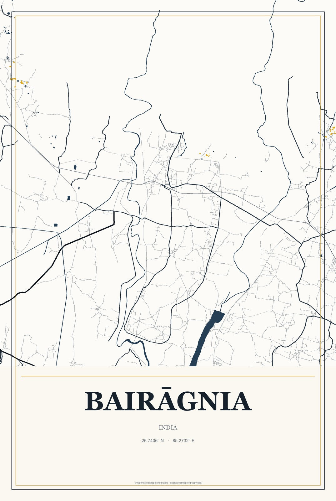 Bairāgnia, India City Map Aluminum Sign in Citrine Modern style