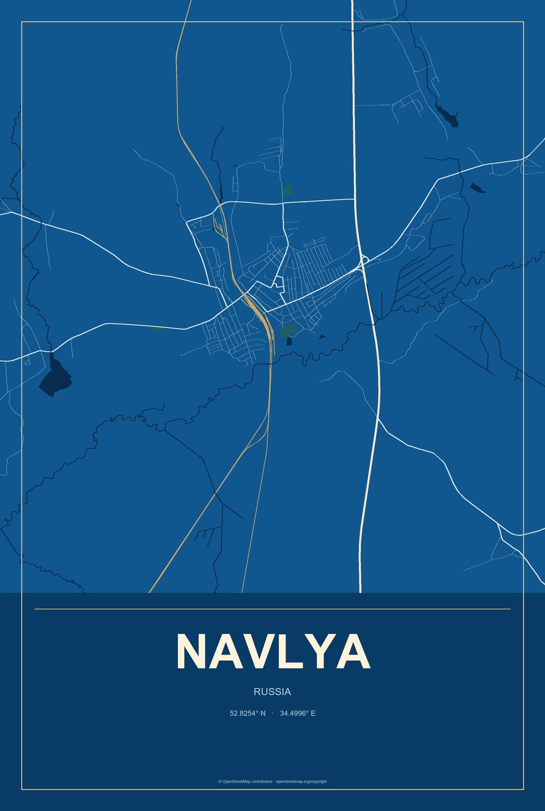 Navlya, Russia City Map Aluminum Sign in Harbor Cobalt style