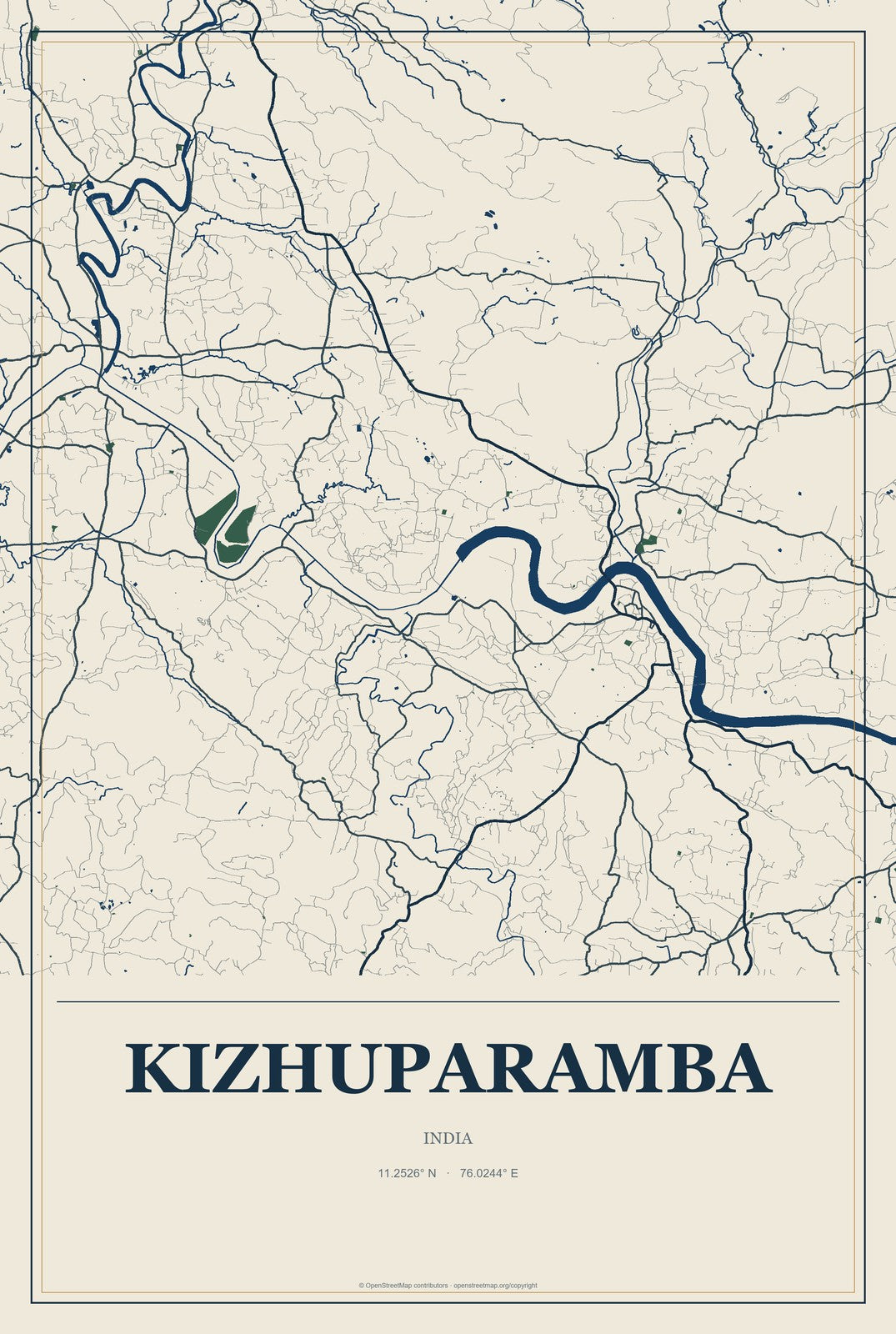 Kizhuparamba, India City Map Aluminum Sign in Coastal Cutout style