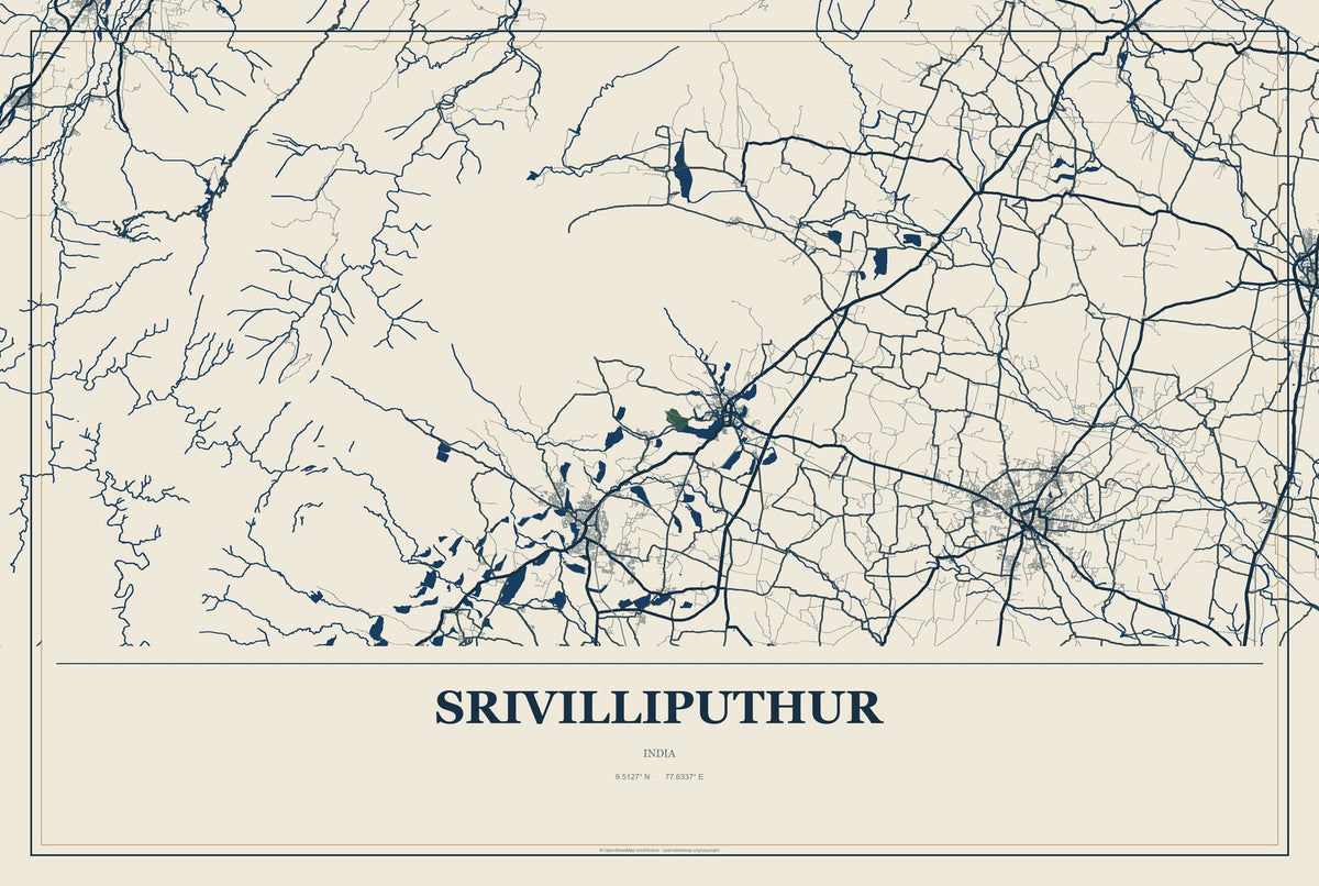 Srivilliputhur, India City Map Aluminum Sign in Coastal Cutout style