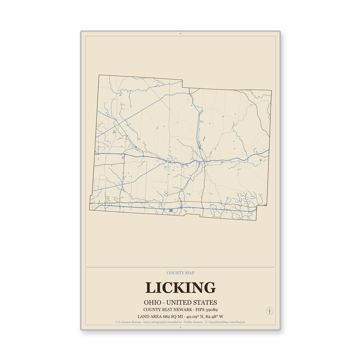 Licking County, Ohio Map Aluminum Sign in Heritage Nautical style