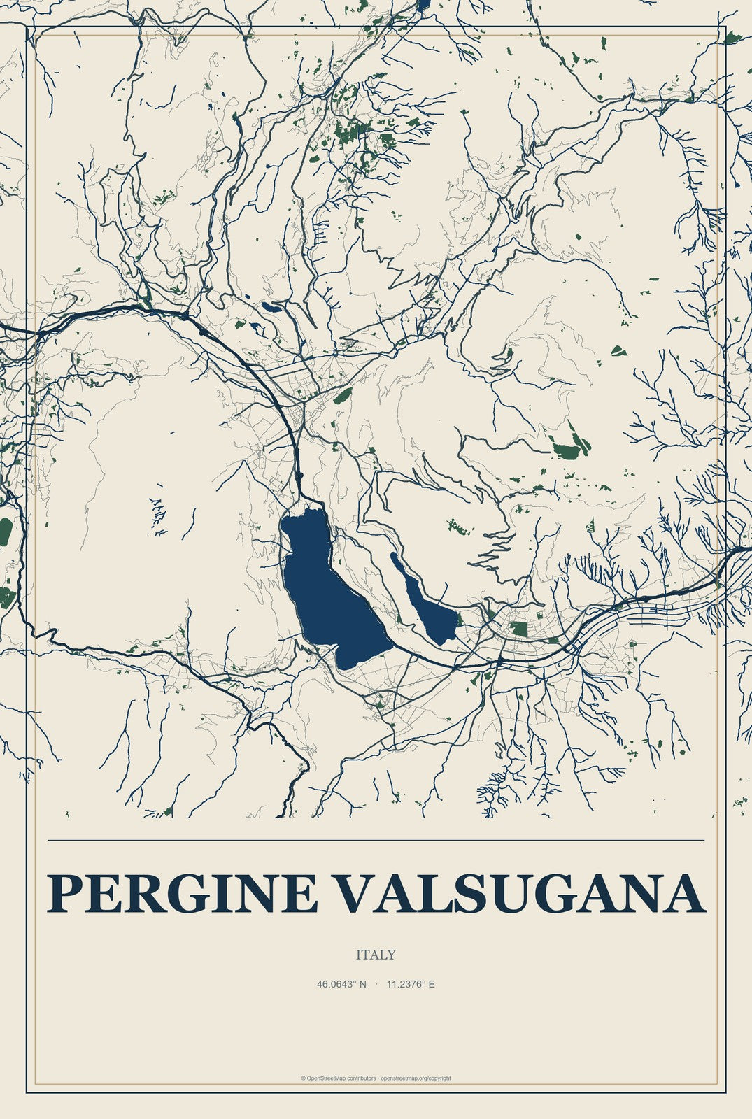 Pergine Valsugana, Italy City Map Aluminum Sign in Coastal Cutout style
