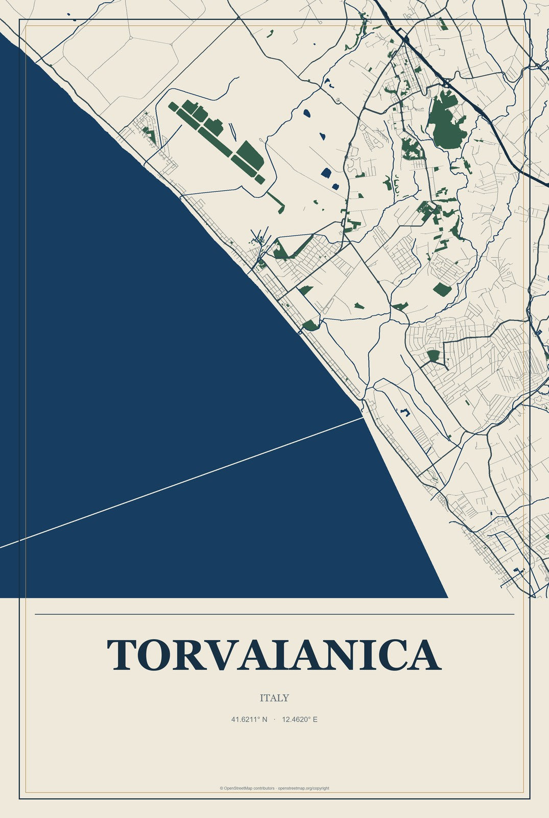 Torvaianica, Italy City Map Aluminum Sign in Coastal Cutout style