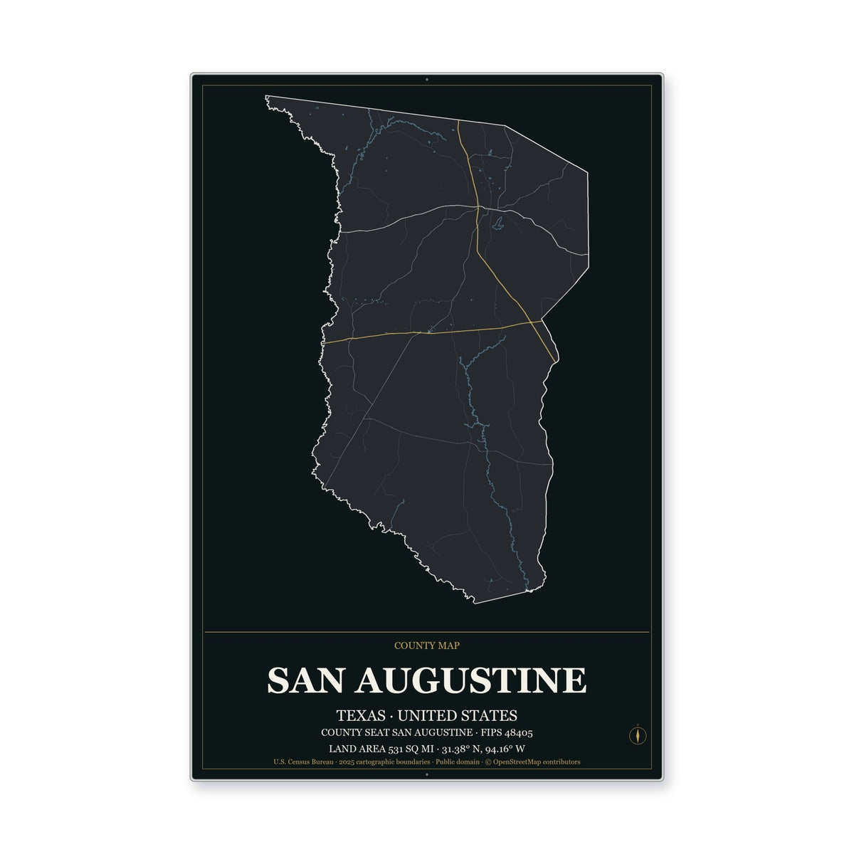San Augustine County, Texas Map Aluminum Sign in Metropolitan Noir style