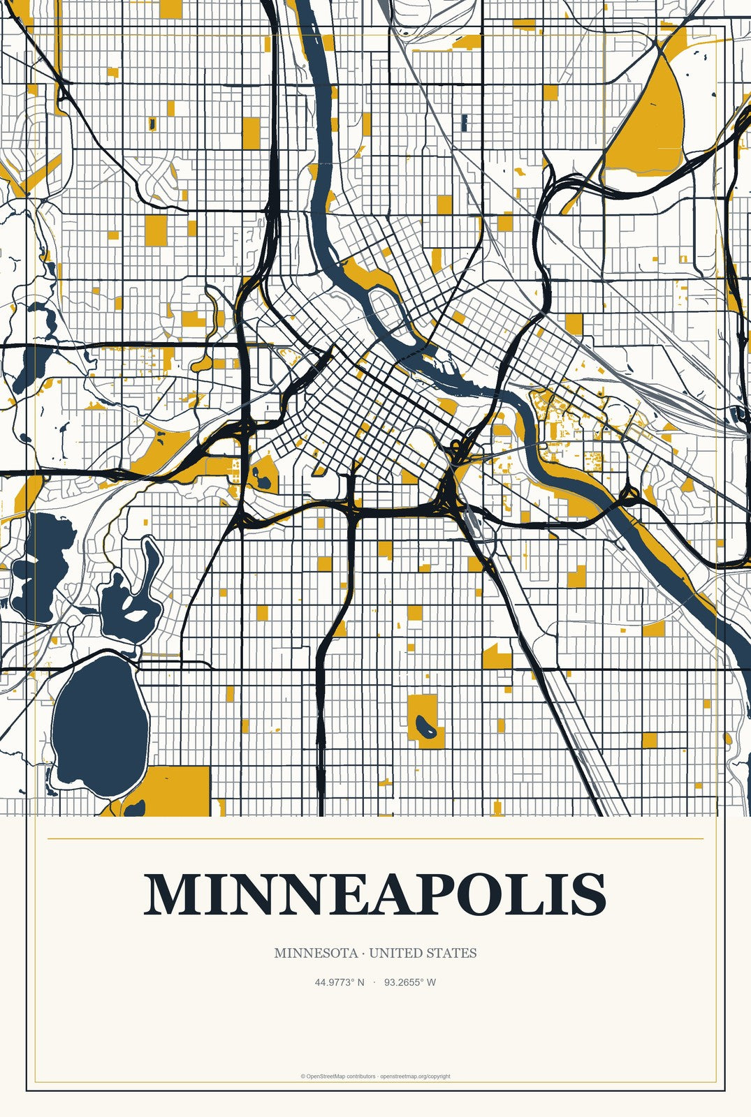 Minneapolis, Minnesota City Map Aluminum Sign in Citrine Modern style