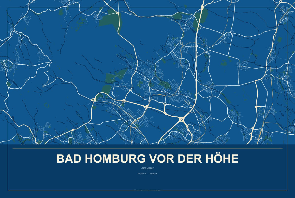 Bad Homburg vor der Höhe, Germany City Map Aluminum Sign in Harbor Cobalt style