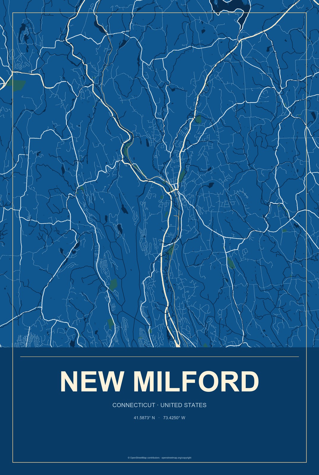 New Milford, Connecticut City Map Aluminum Sign in Harbor Cobalt style