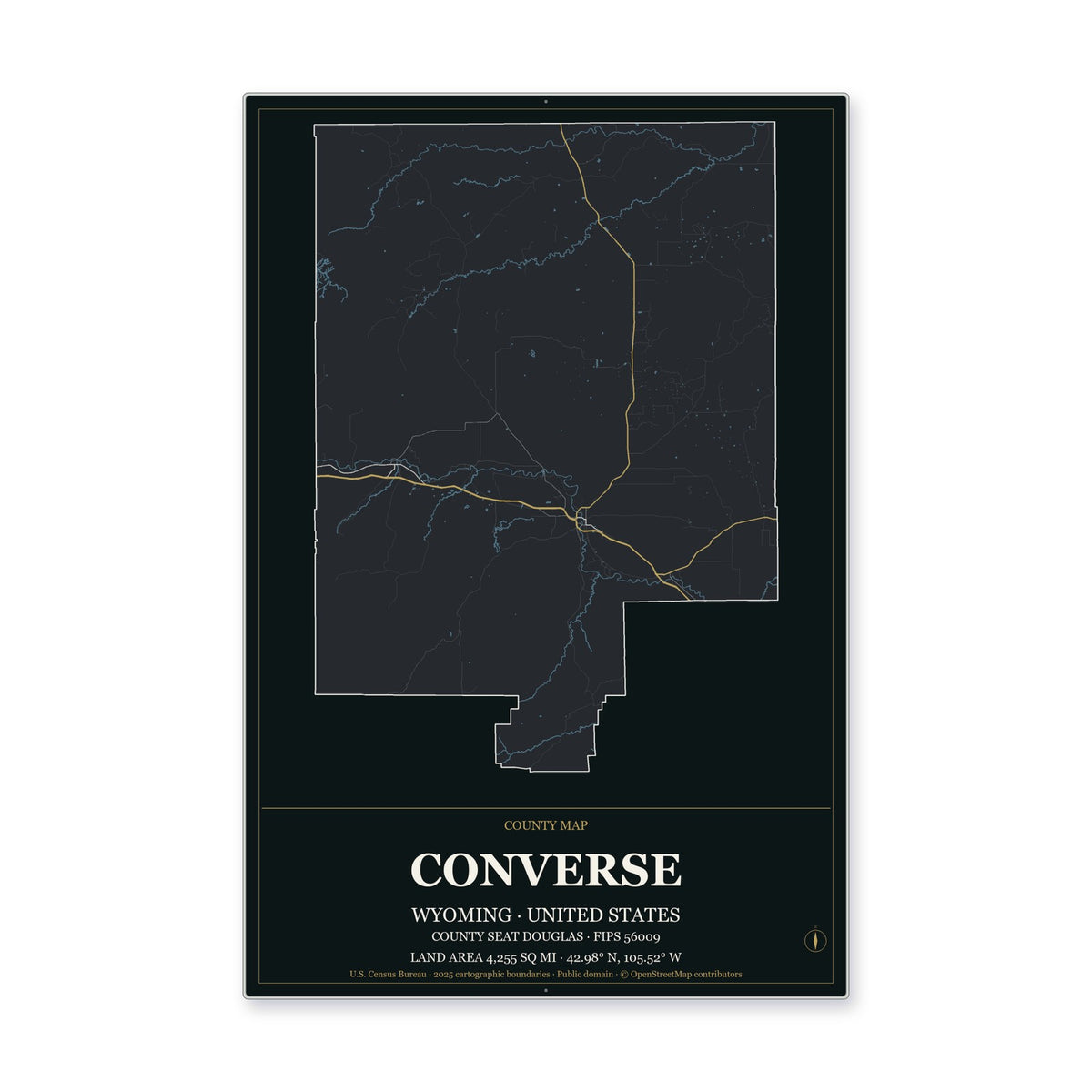 Converse County, Wyoming Map Aluminum Sign in Metropolitan Noir style
