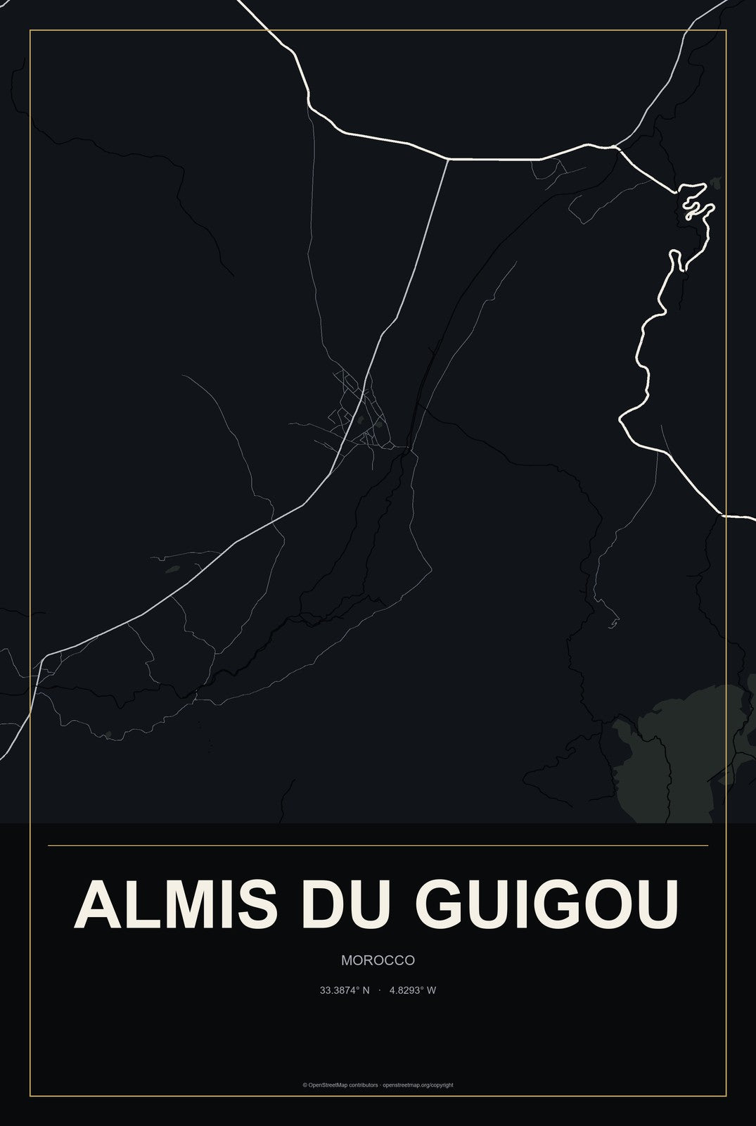 Almis du Guigou, Morocco City Map Aluminum Sign in Metropolitan Noir style