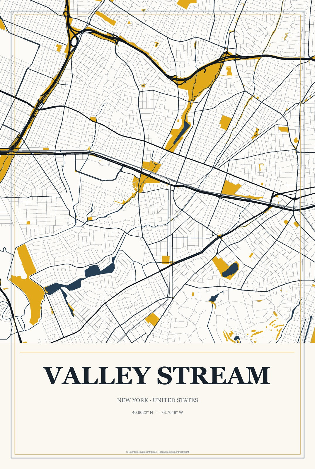 Valley Stream, New York City Map Aluminum Sign in Citrine Modern style