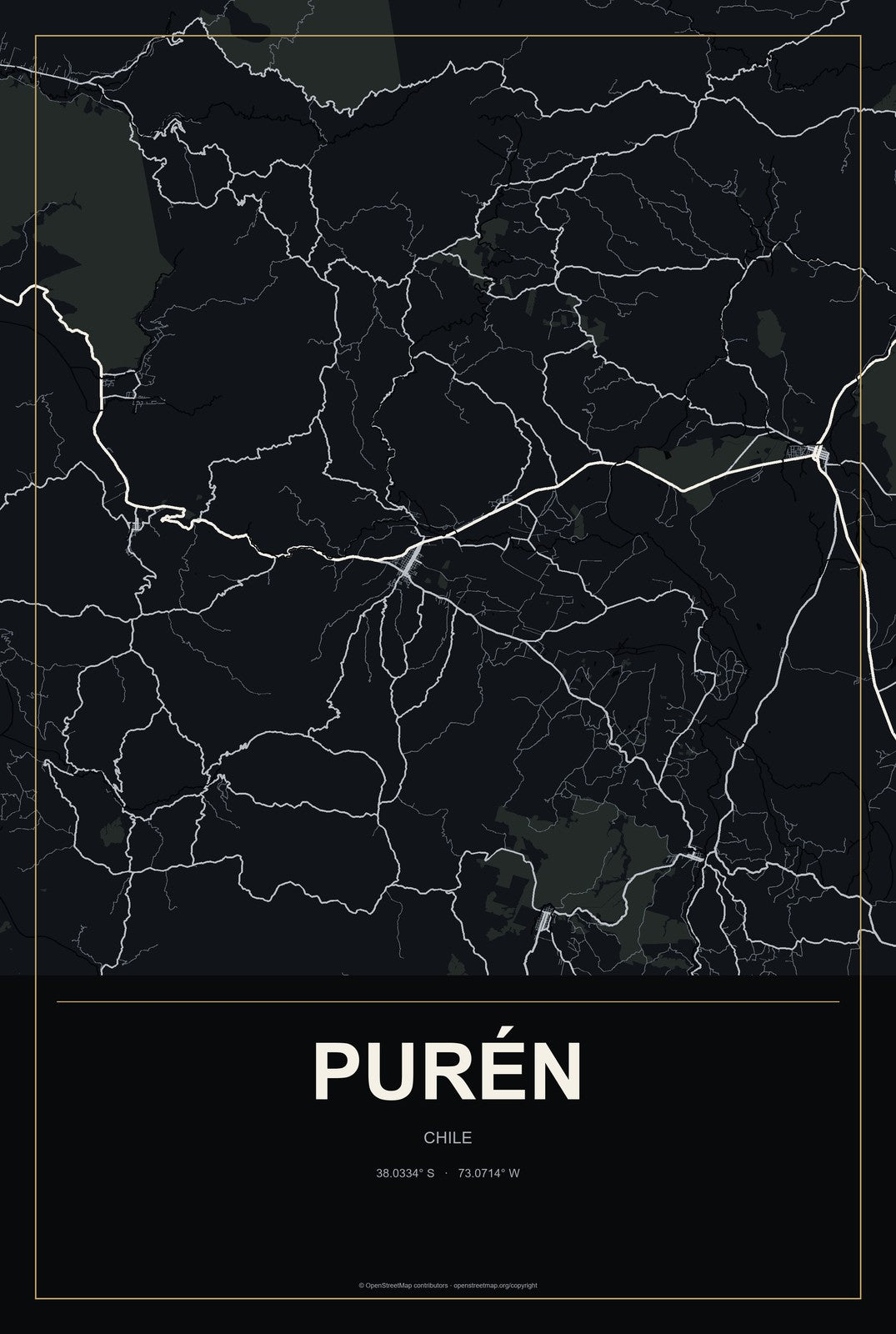 Purén, Chile City Map Aluminum Sign in Metropolitan Noir style