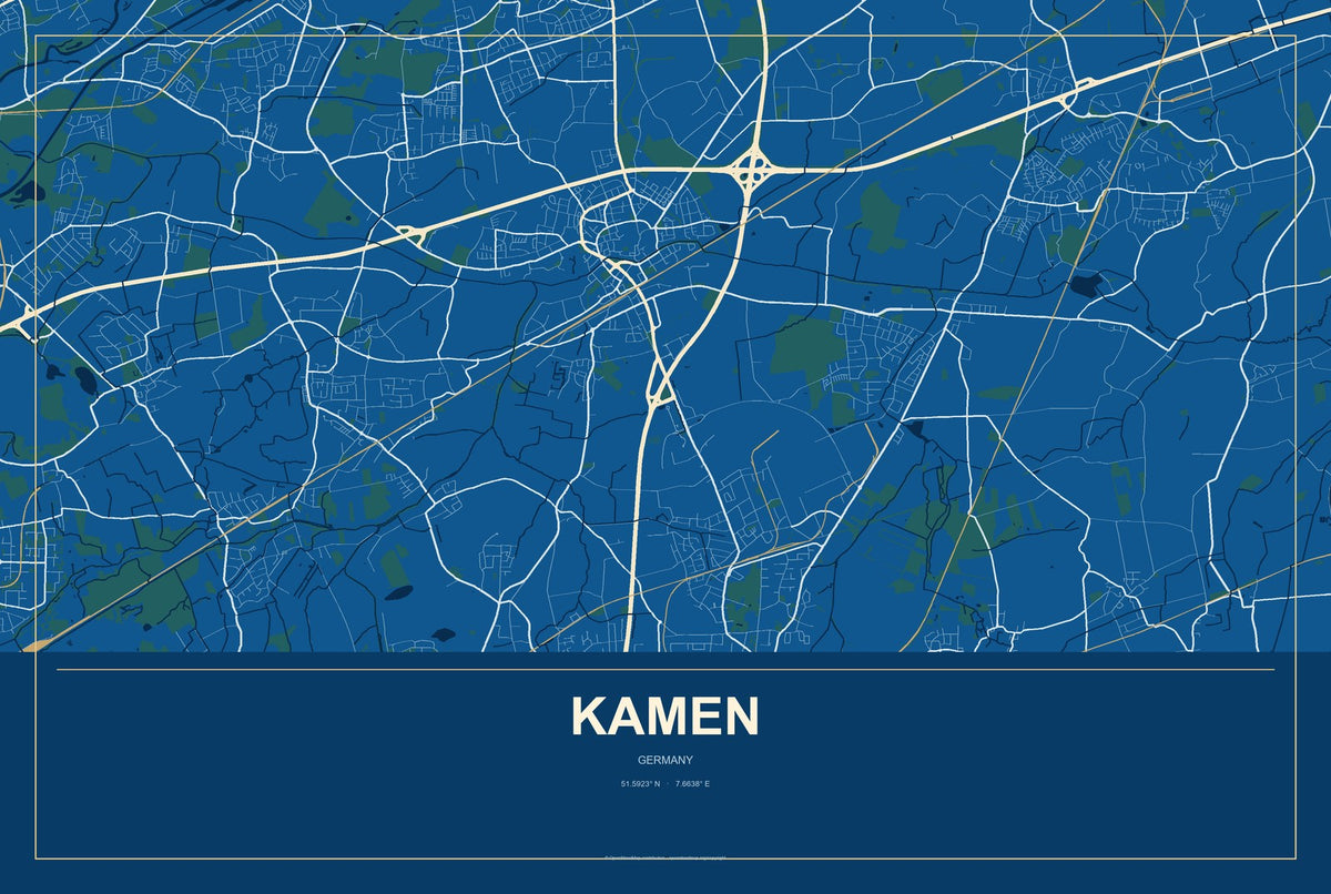 Kamen, Germany City Map Aluminum Sign in Harbor Cobalt style