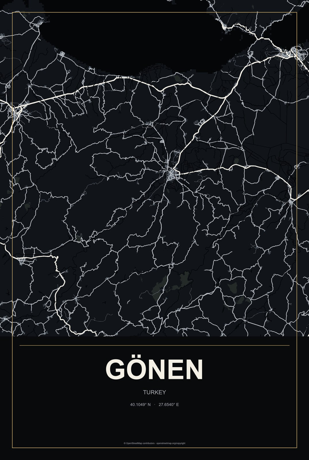 Gönen, Balıkesir, Turkey City Map Aluminum Sign in Metropolitan Noir style
