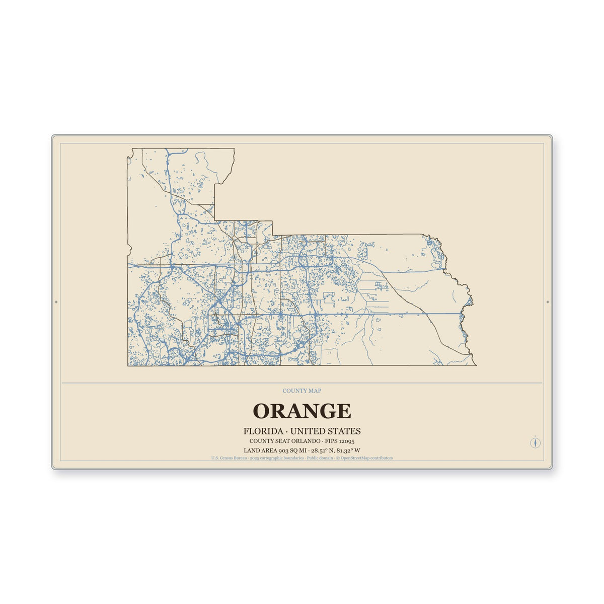 Orange County, Florida Map Aluminum Sign in Heritage Nautical style