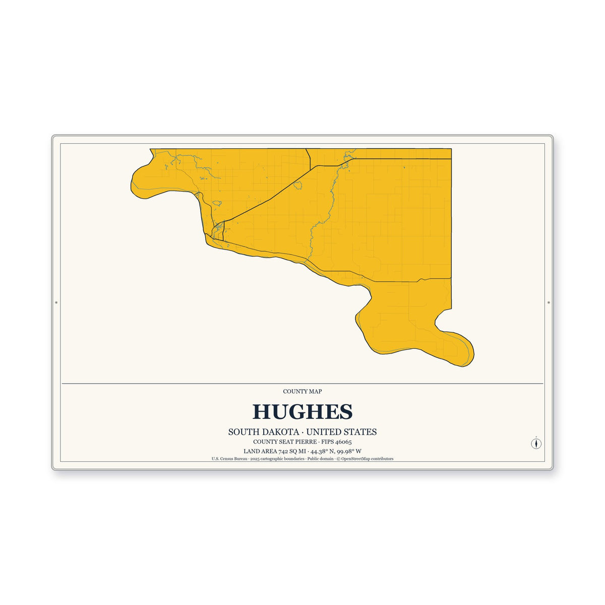 Hughes County, South Dakota Map Aluminum Sign in Citrine Modern style